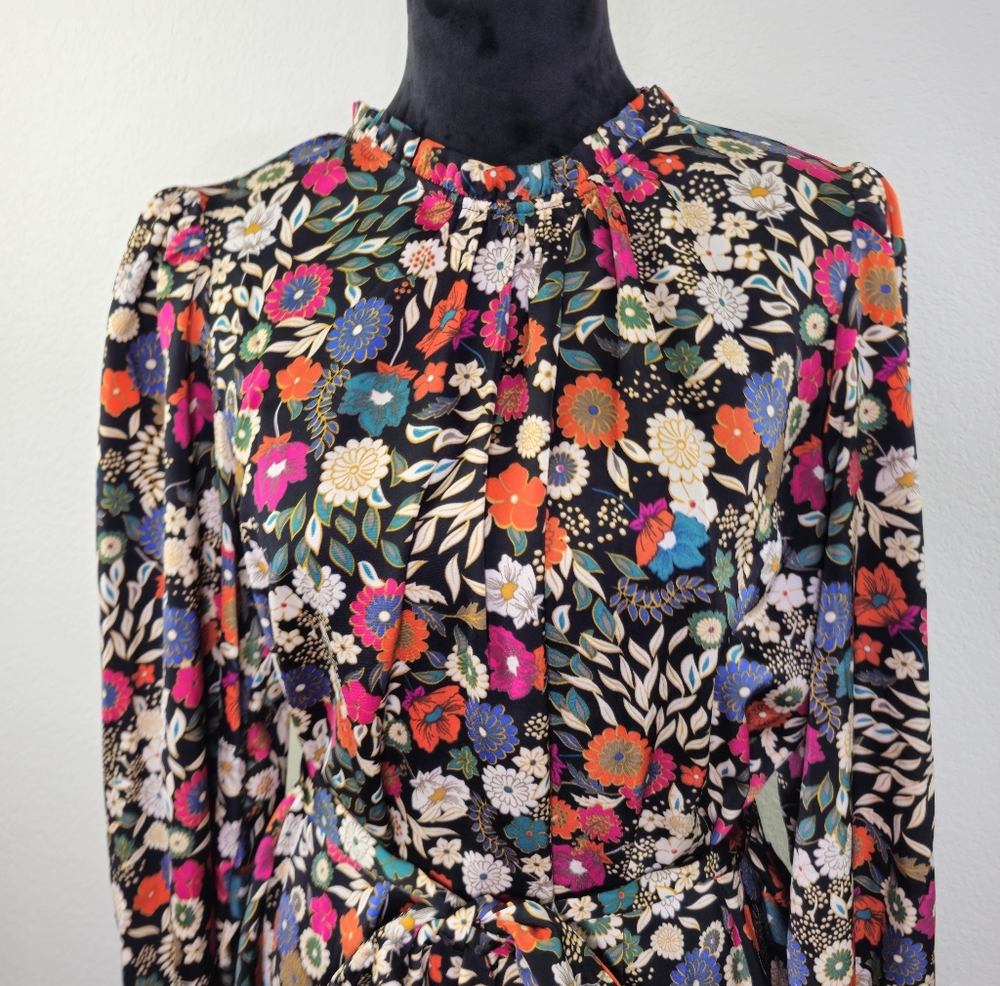 Maia Floral Drop Tie Waist Ruffle Black Long Sleeve Dress 14 - Picture 3 of 13